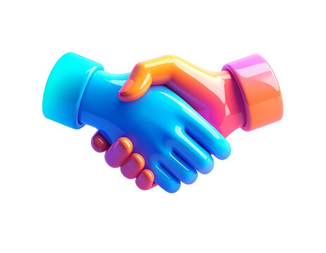 3D-rendered handshake, gradient colors. Business, agreement, teamwork concept