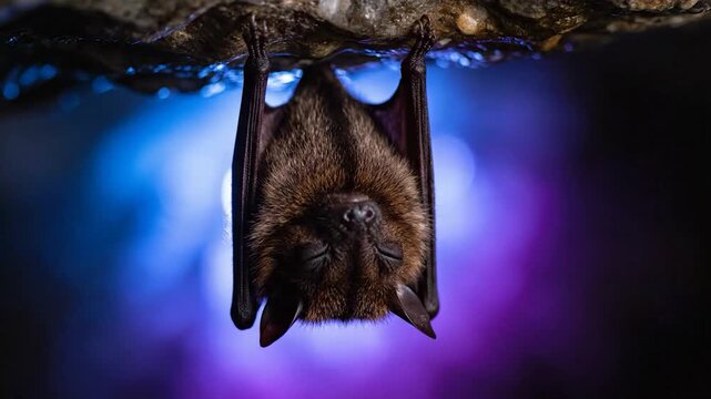 A sleeping bat hangs upside down from a rocky surface against a blurred blue and purple background