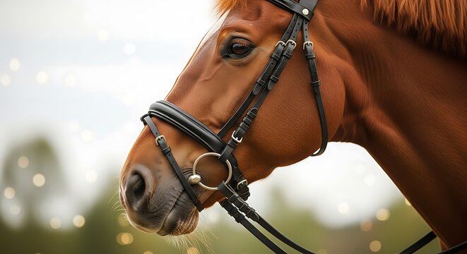 Close-up of a Brown Horse Head with Bridle in Focus.