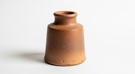 Antique Brown Stoneware Inkwell on White Background.