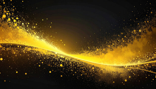 Abstract golden wave of sparkling particles and light streaks flows across a dark black background with scattered