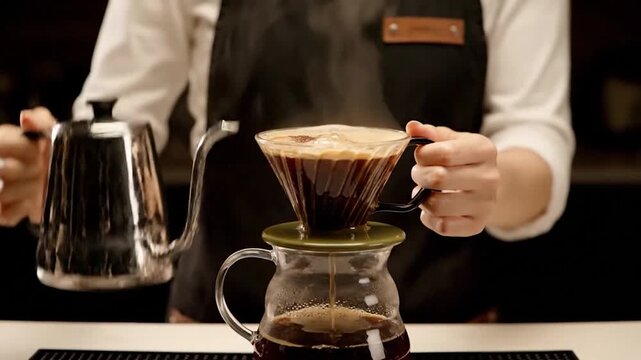 A barista pouring hot water from a silver kettle into a V60 coffee dripper