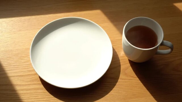 Peaceful morning light on an empty plate and a cup of warm beverage, perfect for reflection