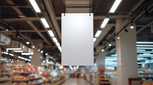 A blank hanging banner inside a shop or supermarket for advertising mockups