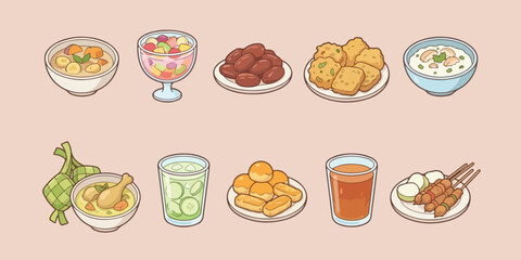 Collection of Traditional Indonesian Ramadan Iftar Food and Drinks