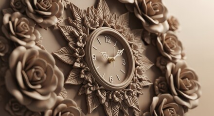 Elegant ornate wall clock with floral motif, vintage charm, soft sepia tones