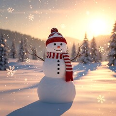 Fototapeta premium Snowman in winter wonderland at sunset, festive scene.