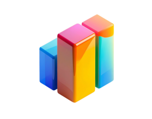 Colorful 3D bar chart rising up in vibrant blue, pink, and yellow