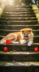 Akita Inu puppy resting on stone steps with red flowers.
