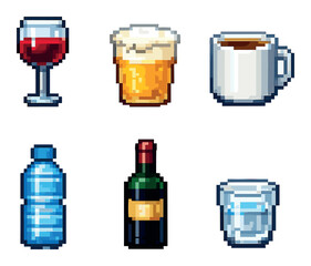 Collection of pixel art beverages: wine, beer, coffee, water bottle, glass