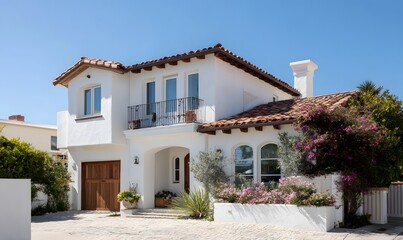 Fototapeta premium A Mediterranean-style house, white stucco walls, arched windows, terracotta roof tiles