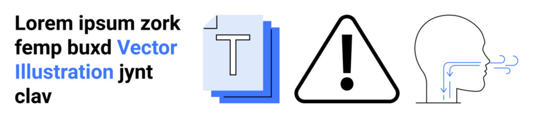 Digital communication, warnings and safety, documentation, respiratory health, educational tools, technology concepts. Text pages, exclamation mark and airflow diagram. Digital communication