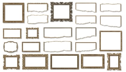 Collection of Empty Vintage Ornate Frames and Distressed Torn Paper Elements Isolated on White