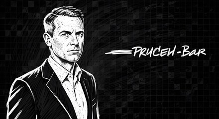 Black and White Illustration of Serious Man in Suit with 'PRYCEH-BAR' Text on Dark Background