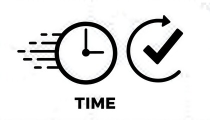 Isolated vector graphic of fast clock and checkmark icons with 'TIME' text, productivity concept