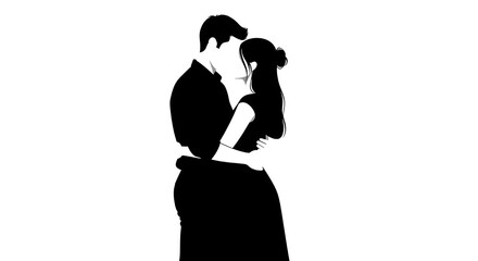 Minimalist Black Vector Silhouette of a Loving Couple Embracing, Isolated on White Background