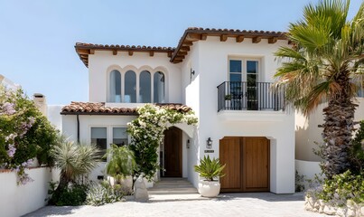 Fototapeta premium A Mediterranean-style house, white stucco walls, arched windows, terracotta roof tiles