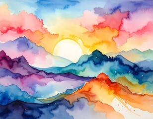 Vibrant watercolor mountain sunrise