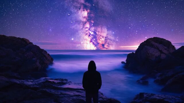 silhouette of man from behind looking to night sky with rocky coastline and ocean