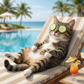 Cat resting on a lounge chair with cucumber slices on its eyes