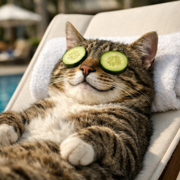 Cat resting on a lounge chair with cucumber slices on its eyes