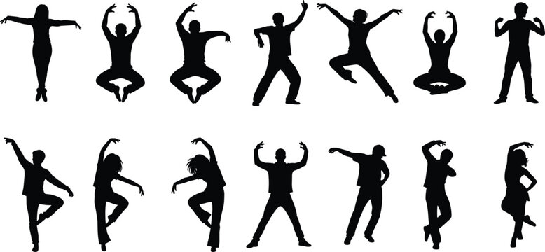Dynamic dancer silhouettes set showing expressive poses, modern dance movements, fitness and yoga inspired figures isolated on white background