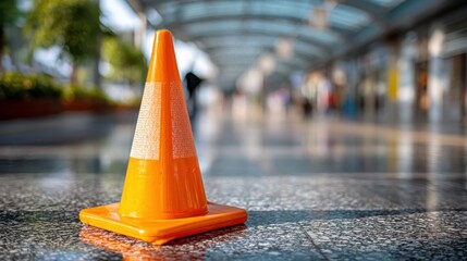 A safety cone indicating a tripping hazard in a public area.