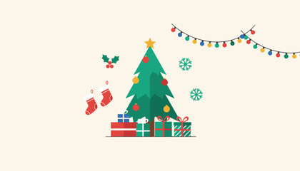 Festive Christmas illustration with tree gifts stockings and lights Ideal for holiday marketing collateral