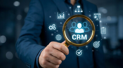 Businessman holding magnifying glass focused on CRM system surrounded by digital business