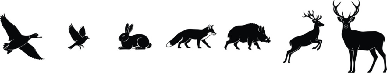 Wildlife size comparison silhouettes showing animals from birds to deer illustrating forest fauna scale progression in minimalist black vector style