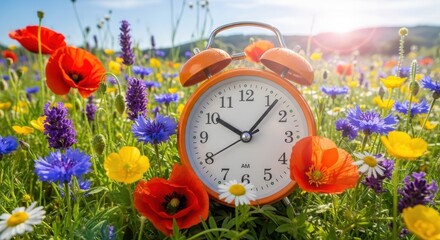 Alarm clock amidst vibrant wildflowers - A serene spring awakening.