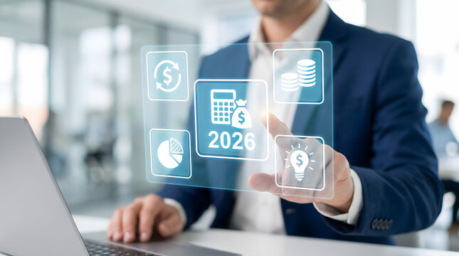 Business person engaging with an interactive holographic screen for financial planning 202
