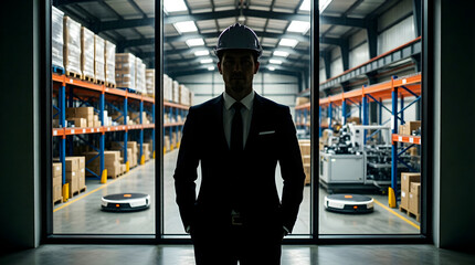 Fototapeta premium Strategic Vision: Anonymous Leader Silhouette Overlooking Automated Warehouse Operations, Symbolizing AI Logistics and Future Technology Management