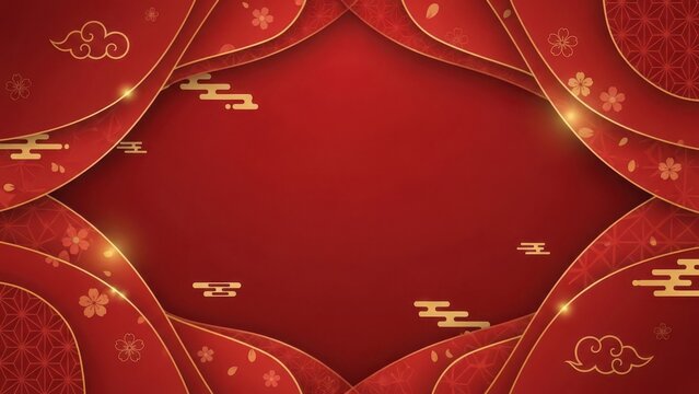 Elegant red and gold layered background with traditional Chinese auspicious cloud and plum blossom patterns, perfect for festive occasions.
