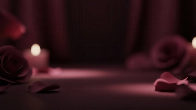 Romantic setting with soft pink lighting, scattered rose petals, and glowing candles on a dark background.