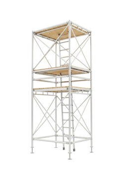 pristine, high-gloss white fiberglass modular scaffolding tower with light wood planks, low angle, centered on an infinity white background, concept of construction safety and precision
