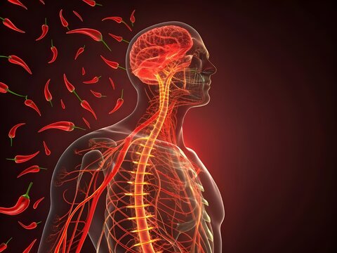 Human nervous system glowing red like chili filaments after eating ghost pepper, psychedelic science art
