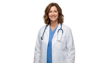 Portrait of a smiling female doctor with stethoscope, isolated on transparent background, png