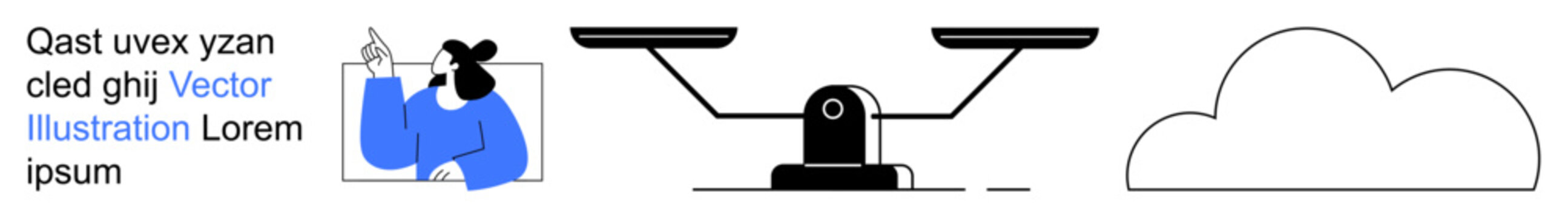 Decision making, equality, law, cloud computing, data balance, abstract concepts. A person holding a test tube, a balance scale and a cloud icon. Decision making and equality