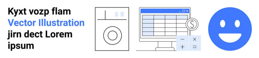 Obraz premium Finance management, budgeting, home economics, digital tools, data visualization, positive feedback. Computer monitor showing spreadsheet, appliance icon blue happy face. Finance management