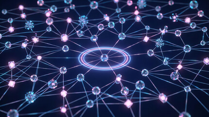 Digital network visualization showing interconnected glowing nodes and lines in a futuristic, abstract style on a dark background