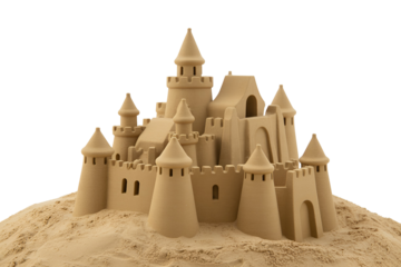 Elaborate sandcastle fortress with towers and walls isolated on transparent background