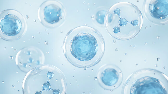 Blue translucent cells and molecules floating in a light blue background, illustrating a scientific or biological concept of microscopic particles or molecular structures