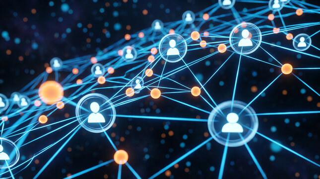 Digital network visualization showing interconnected user icons and nodes symbolizing communication and social connectivity in a futuristic tech environment - Powered by Adobe