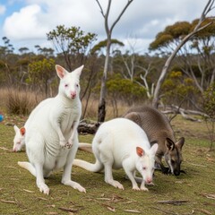 Albino Wallabies Grazing in Tasmanias Natural Habitat with Brown Wallaby.