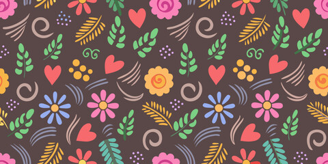 Naklejka premium Floral pattern showcasing colorful flowers leaves and hearts on a brown background
