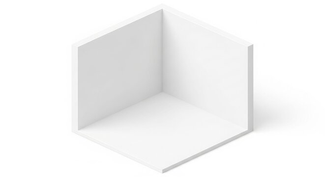 A minimalist white empty corner of a room or box, rendered in a clean 3D isometric perspective on a white background.