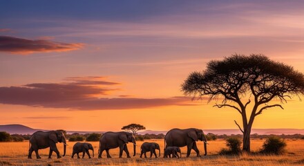Fototapeta premium African Elephants at Sunset - A Majestic Wildlife Scene.