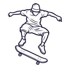 Skateboarder performing an ollie jump a dynamic illustration in a line art style
