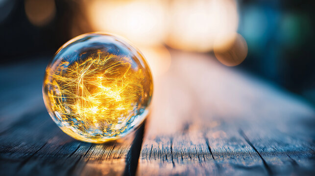 paperweight. Glass paperweight magnifying light reflections on wood, symbolizing abstract financial concepts in a minimalist setting. pitch deck slides.
